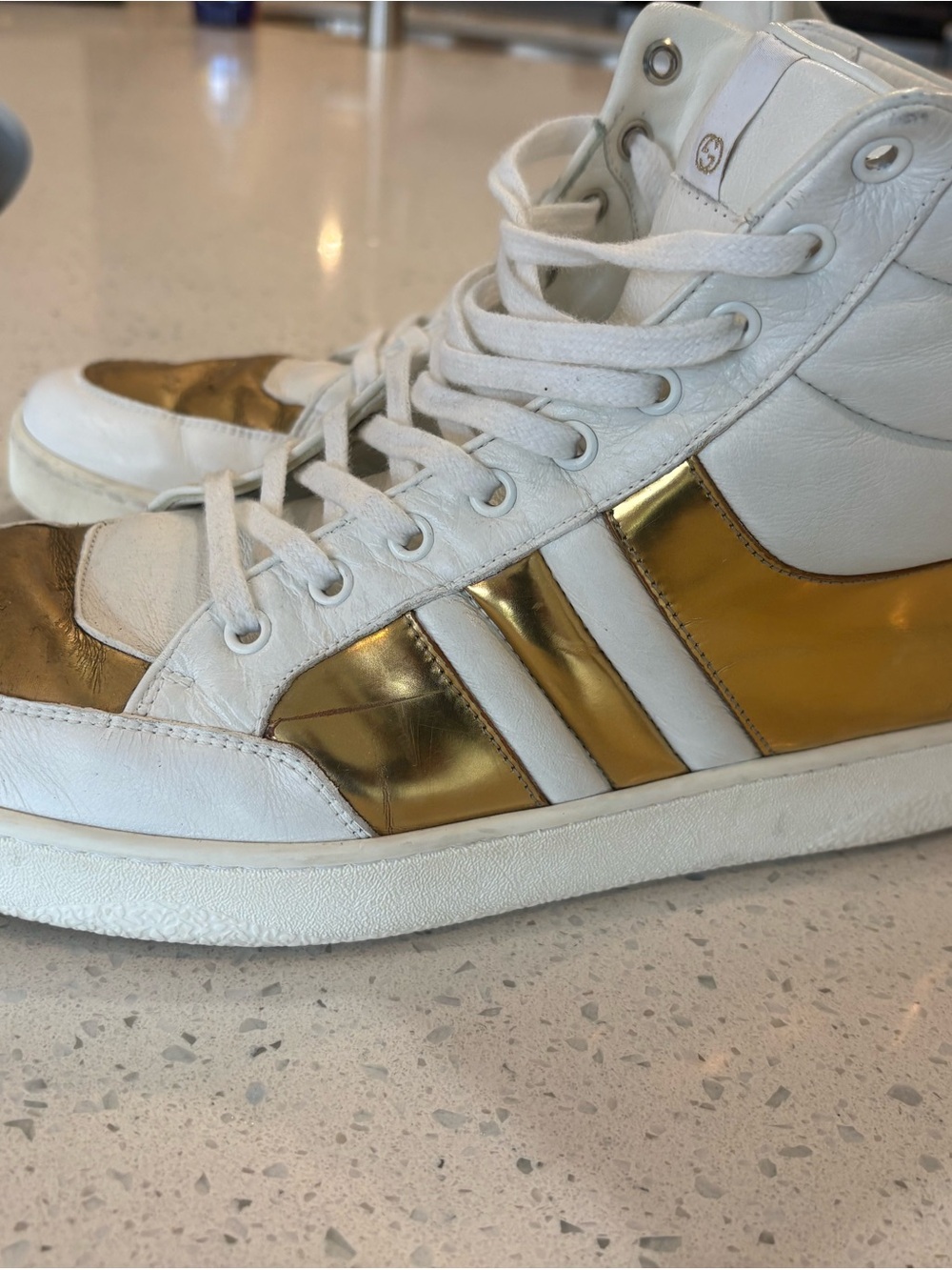Gucci White Leather High-Top Sneakers with Metallic Gold Panels - Picture 4 of 9